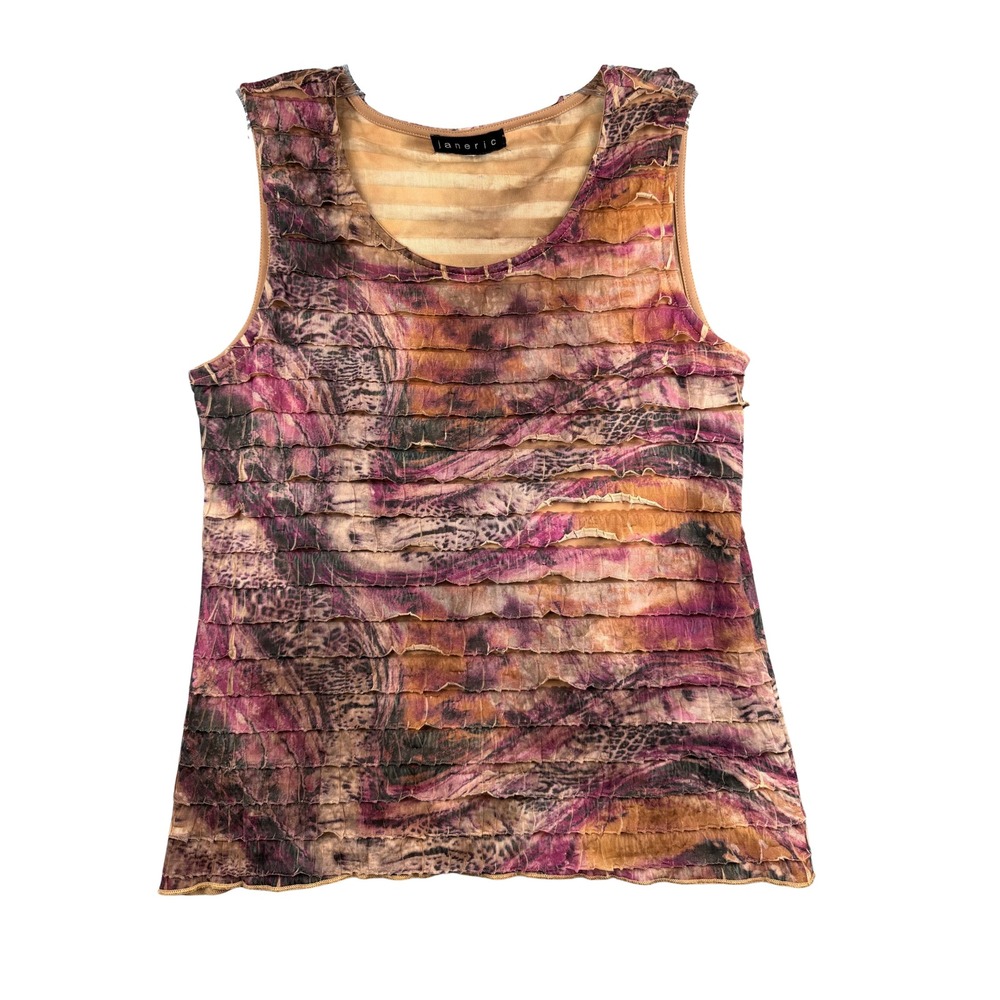 Women's Sleeveless Ruffled Brown Abstract Print Tank Top Small
